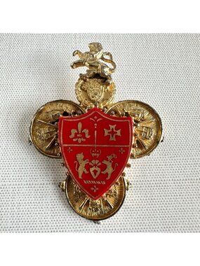 Vintage BSK Heraldic Coat of Arms Brooch Rampant Lion Red Shield Gold Tone